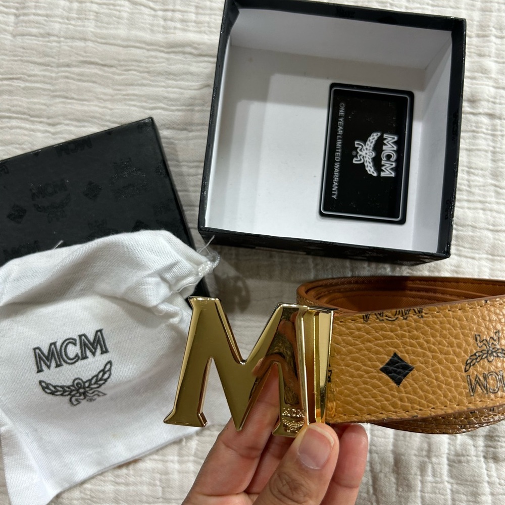 MCM Cognac Leather Belt with Gold M Buckle